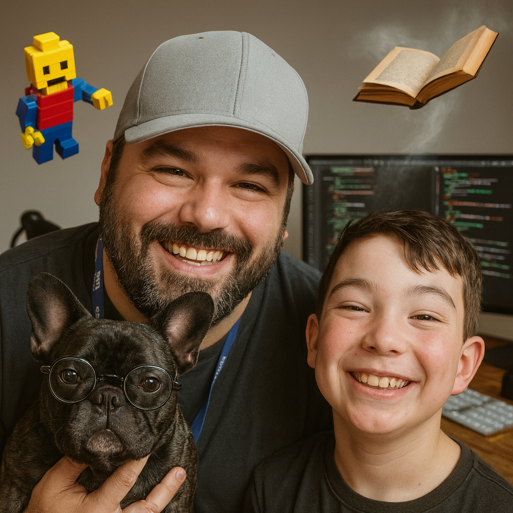 Team photo showing the absurdist vibe - bearded man in cap, French Bulldog with glasses, and son, with floating LEGO figure and open book