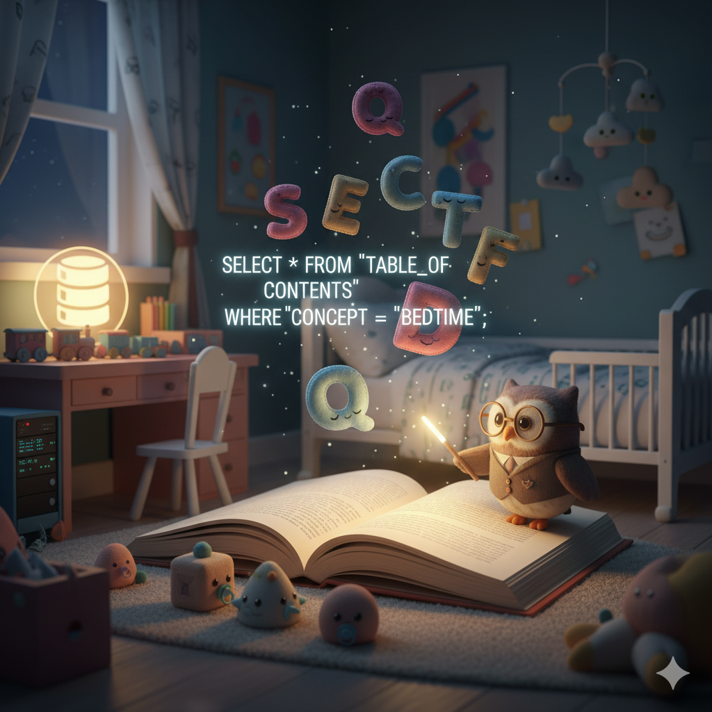 Wise owl librarian reading SQL documentation like a bedtime story