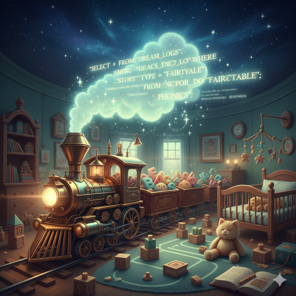 Toy train carrying SQL query cards through a whimsical landscape